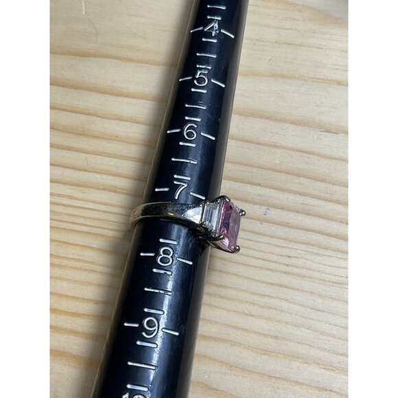 Pink Stone Silver-Tone Ring With Rectangular Center Stone & Clear Accents - Picture 4 of 4